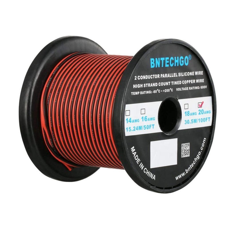 BNTECHGO 20 Gauge Flexible 2 Conductor Parallel Silicone Wire Spool Red Black High Resistant 200 deg C 600V for Single Color LED Strip Extension Cable Cord,Model,100ft Stranded Tinned Copper Wire - Image 1